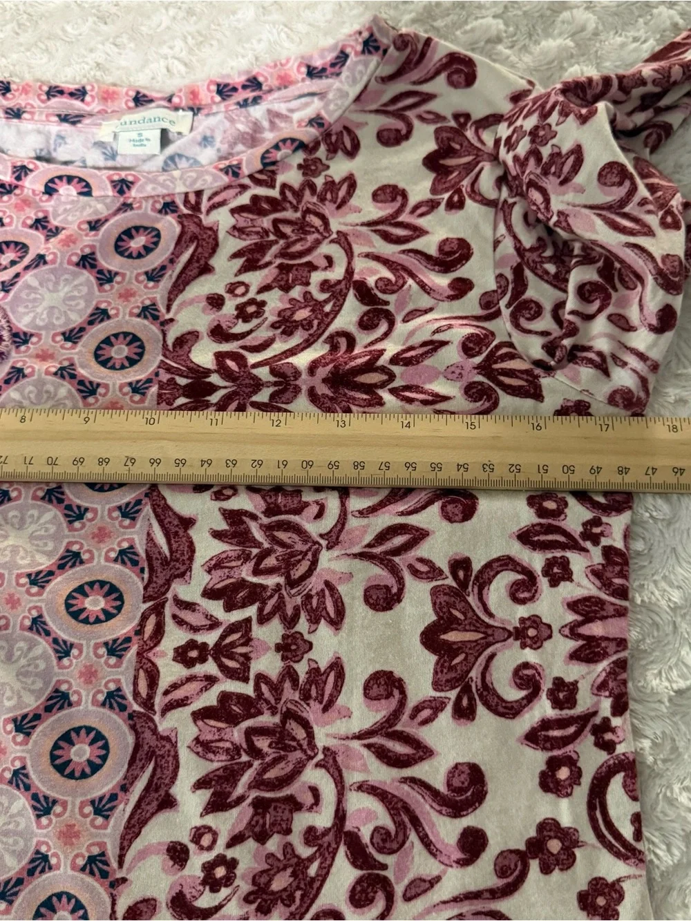 Sundance Long Sleeve Floral Patchwork Tee in Pink, Burgundy, Green